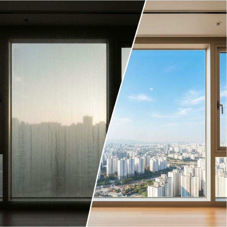 창문 청소 전후 비교 – 흐린 유리와 맑게 닦인 유리, 도시 전경이 선명하게 보이는 대비